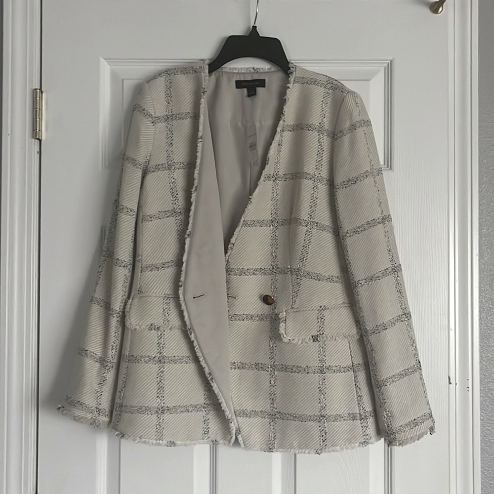 Ann Taylor blazer, striped cream and grey with fringed hems